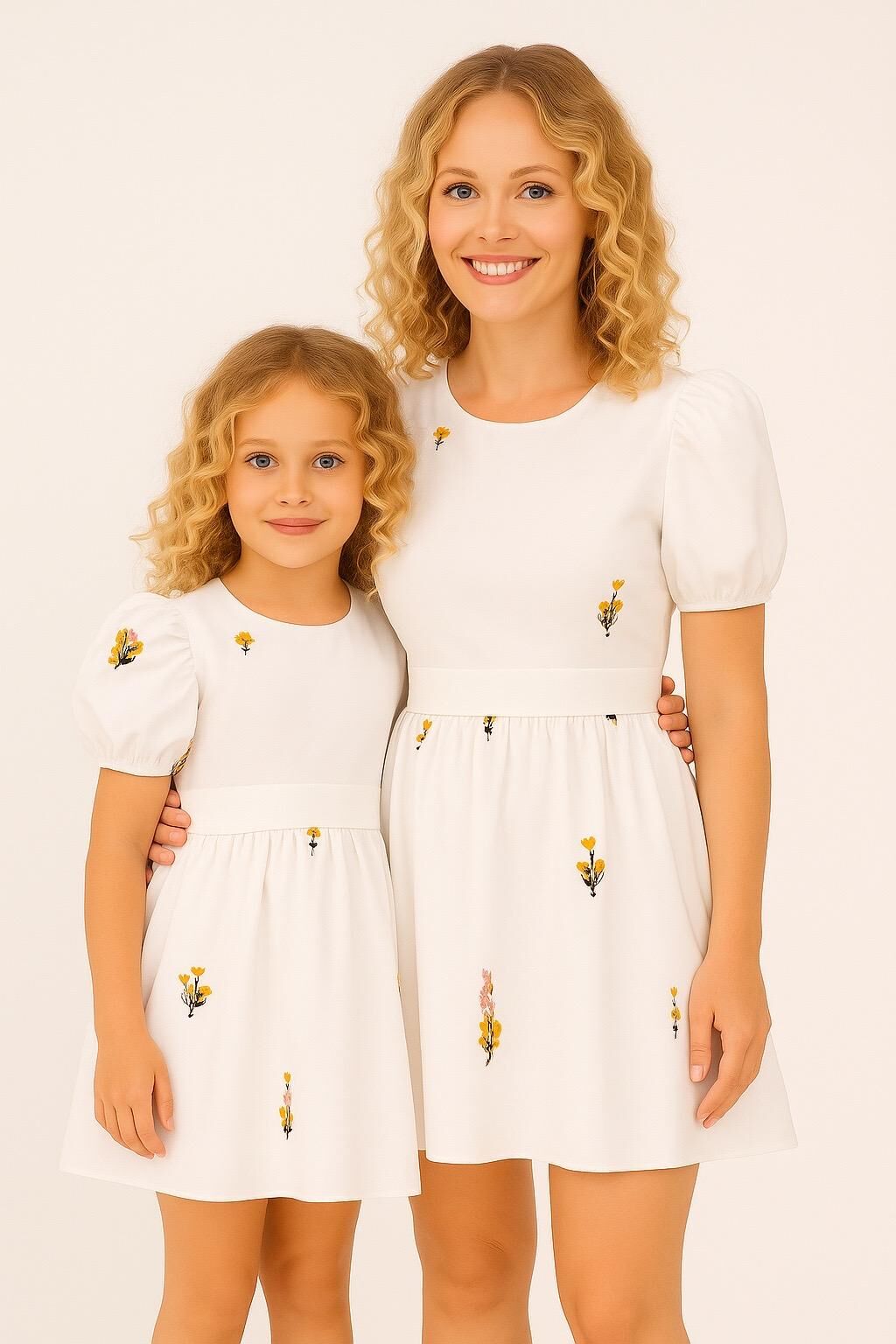 Anne-Kız Kombin Çiçek Nakışlı Beyaz Elbise Seti | Sirius Kids 1-9 yaş